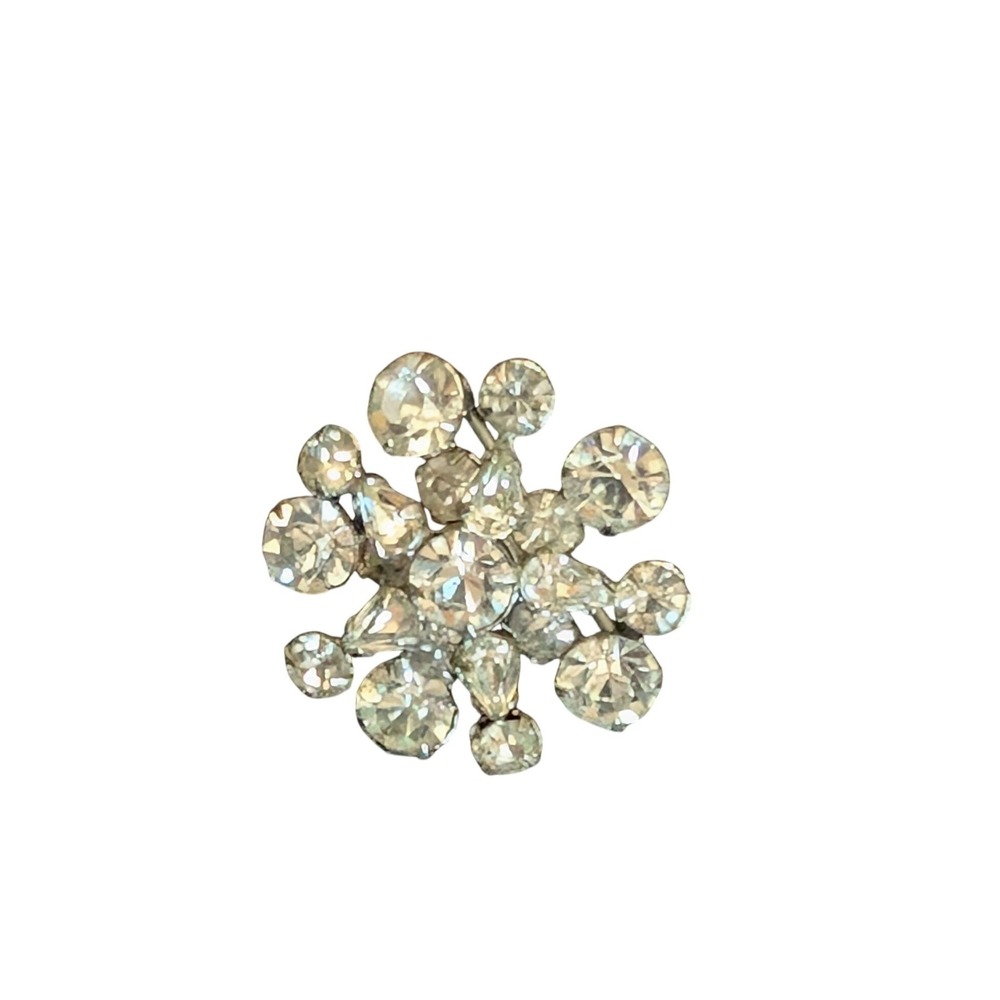 Vintage Starburst Rhinestone Brooch Silver Tone Snowflake Mid Century Pin